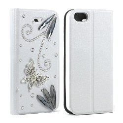 Apple iPhone 5/5S Crystal Diamond Flip Wallet Case (White)
